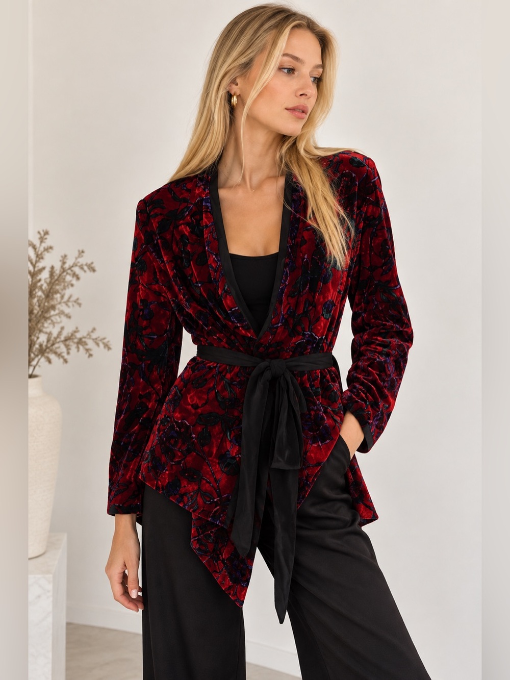 İpekyol  Red Velvet Floral Wrap Blazer US 6